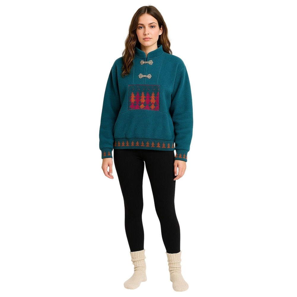 ALPS 90s Moose Fleece Pullover Trees Knit‎ Teal Ski Lodge Cabincore Size M